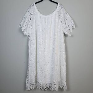 Cato Women’s 26/26W Plus White Lace Victorian Midi Short Sleeve Shirt Dress
